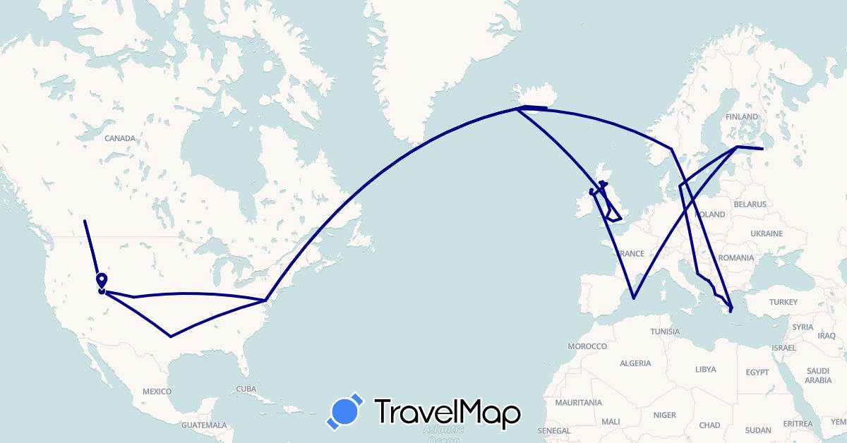 TravelMap itinerary: driving in Albania, Canada, Denmark, Spain, Finland, United Kingdom, Greece, Croatia, Hungary, Iceland, Montenegro, Norway, Russia, United States (Europe, North America)